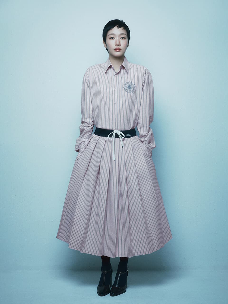 COTTON PLEATED MAXI SKIRT STRIPE_PINK