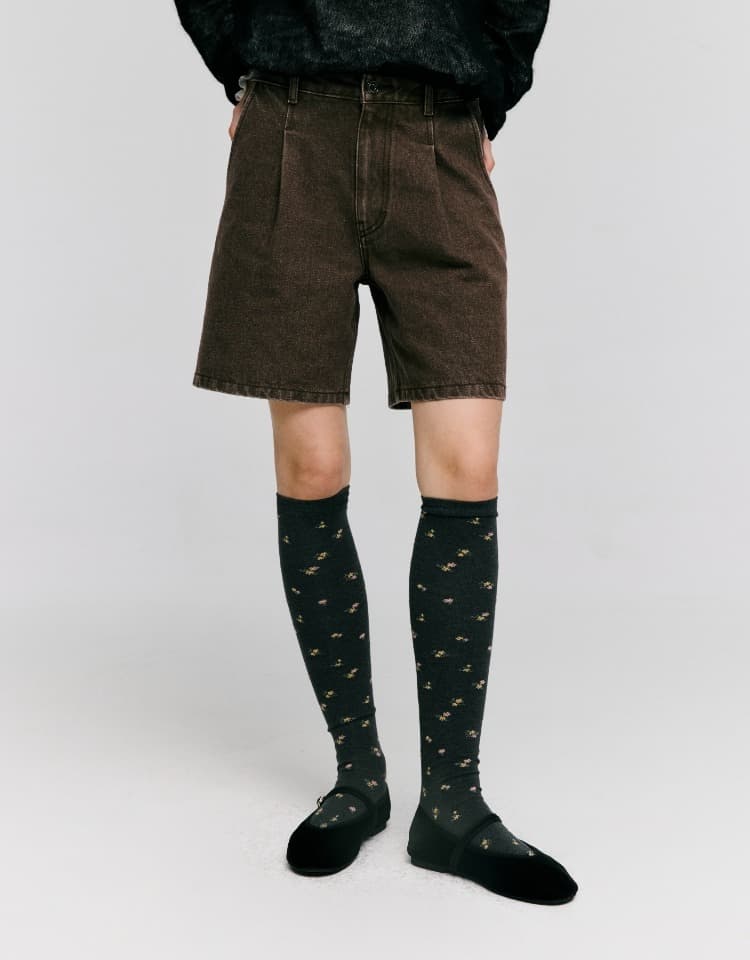 color half denim pants - brown