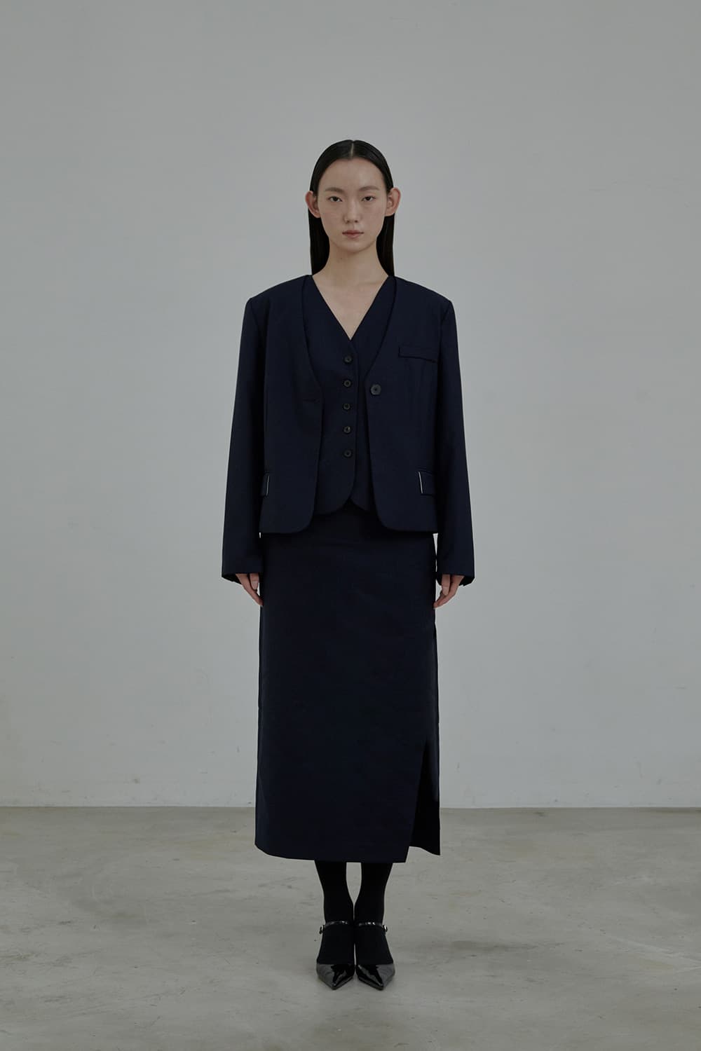 Slit Long Suit Skirt - Navy