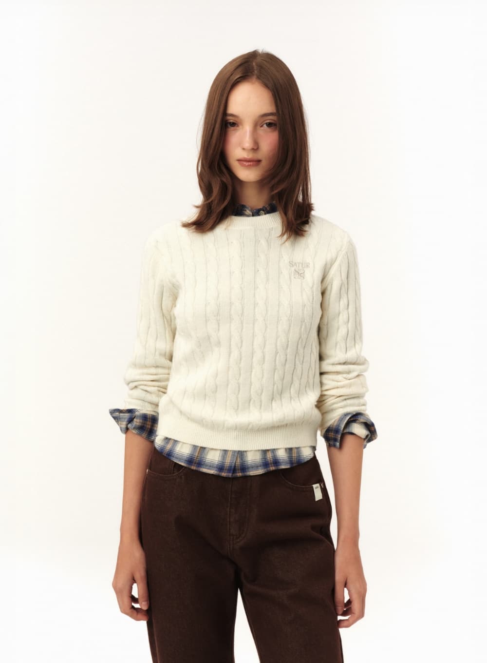 (W) Soft Touch Cable Crew Neck Knit - Cream