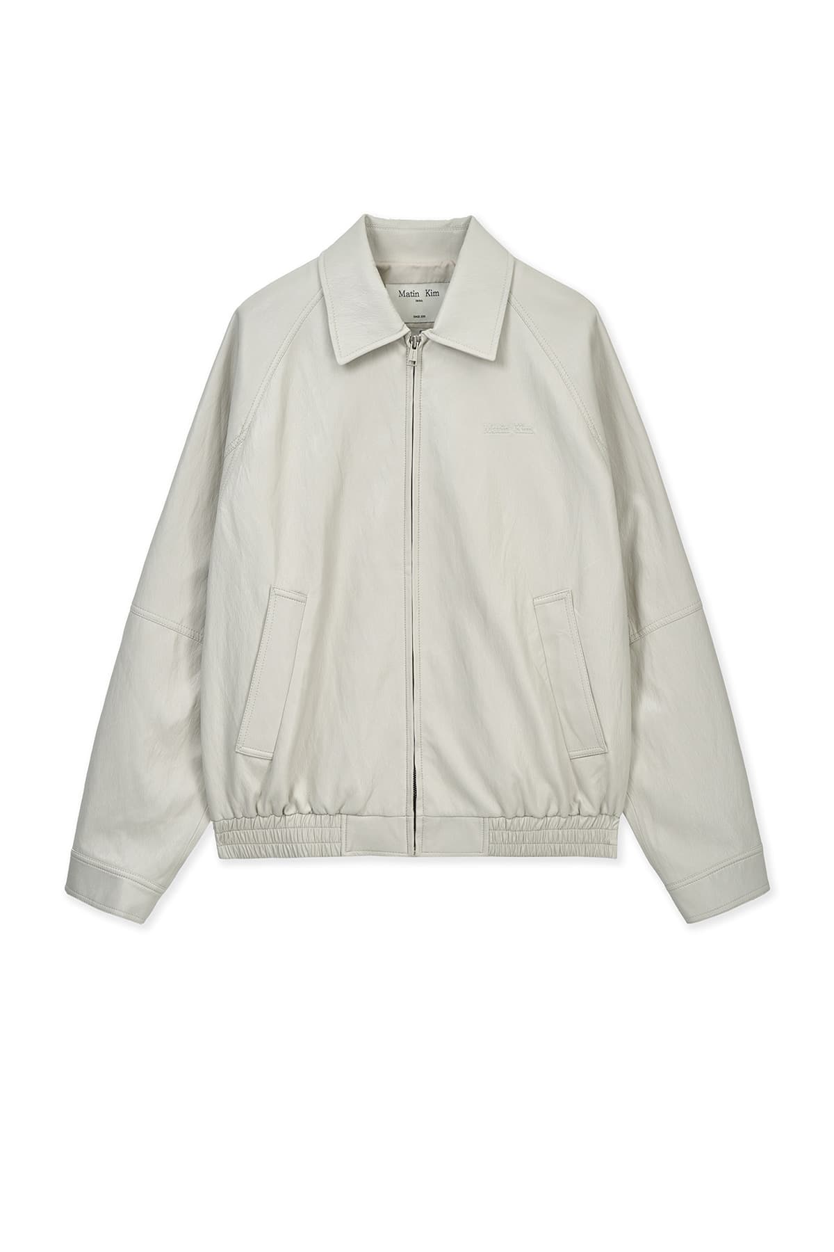 SMALL LOGO FAUX LEATHER ZIP UP JUMPER IN LIGHT GREY