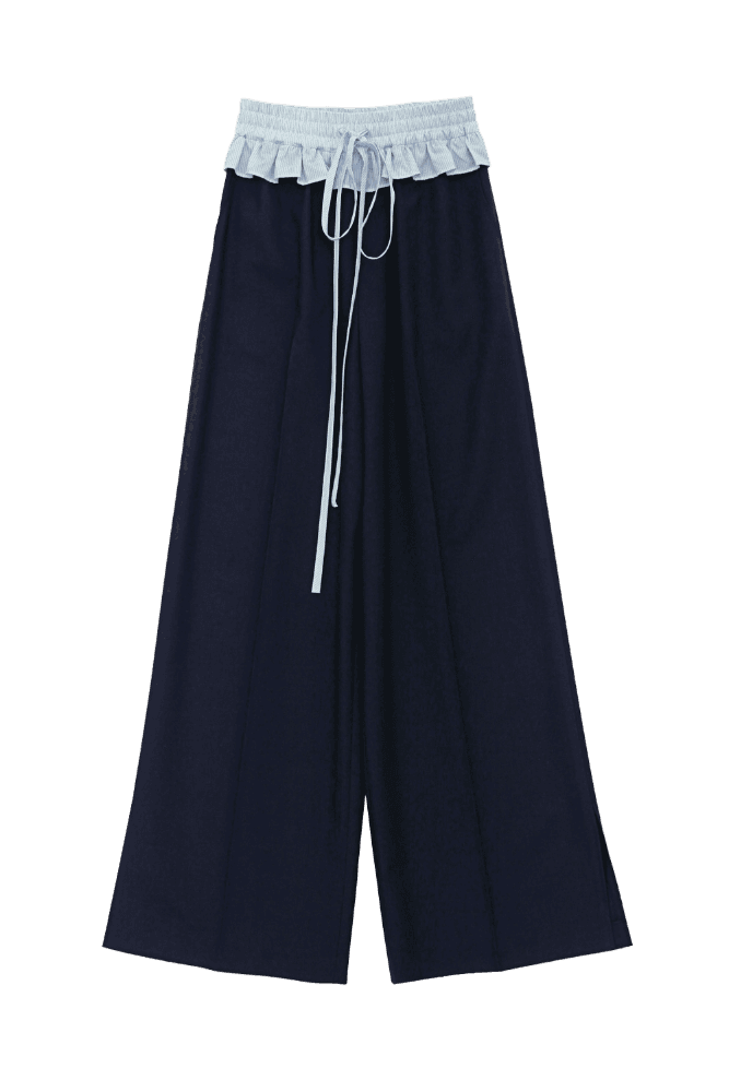 Ruffle Waist Drawstring Wide Pants (Navy)