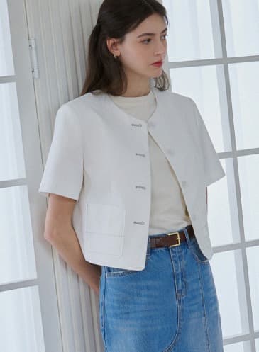 컬러 스티치 코튼 반팔 자켓 [WHITE]