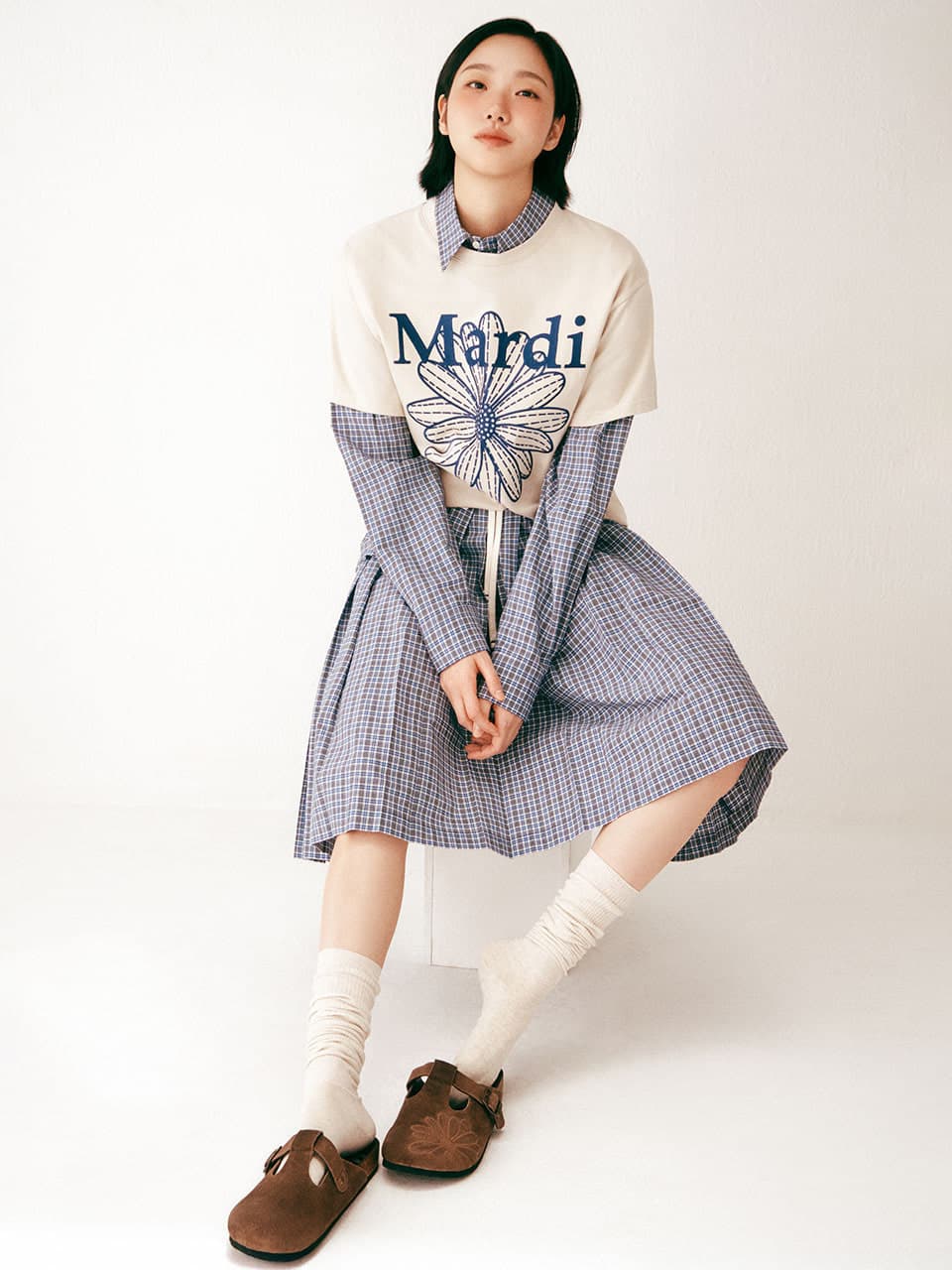 COTTON PLEATED MIDI SKIRT CHECK_NAVY