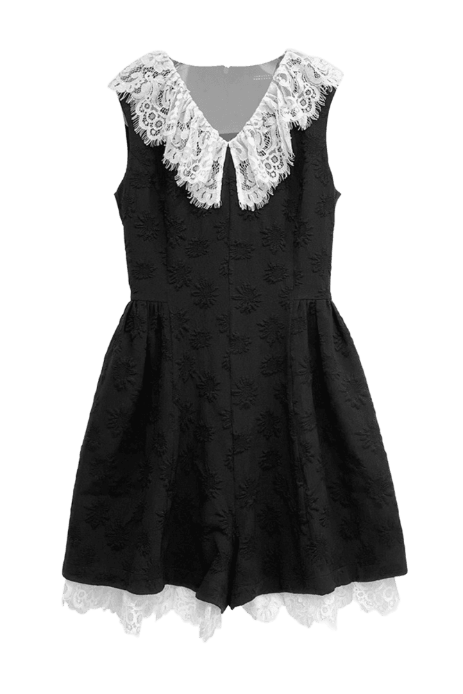 Lace Collar Jacquard Jumpsuit (Black)