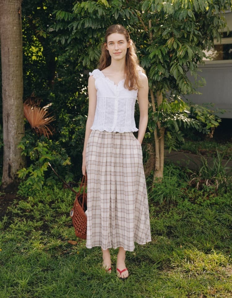 check flared long skirt - beige
