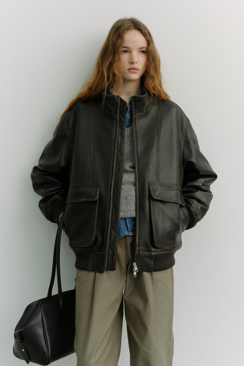 UNISEX STAND COLLARED LEATHER BLOUSON BRUSHED BLACK_UDJU6A104BK
