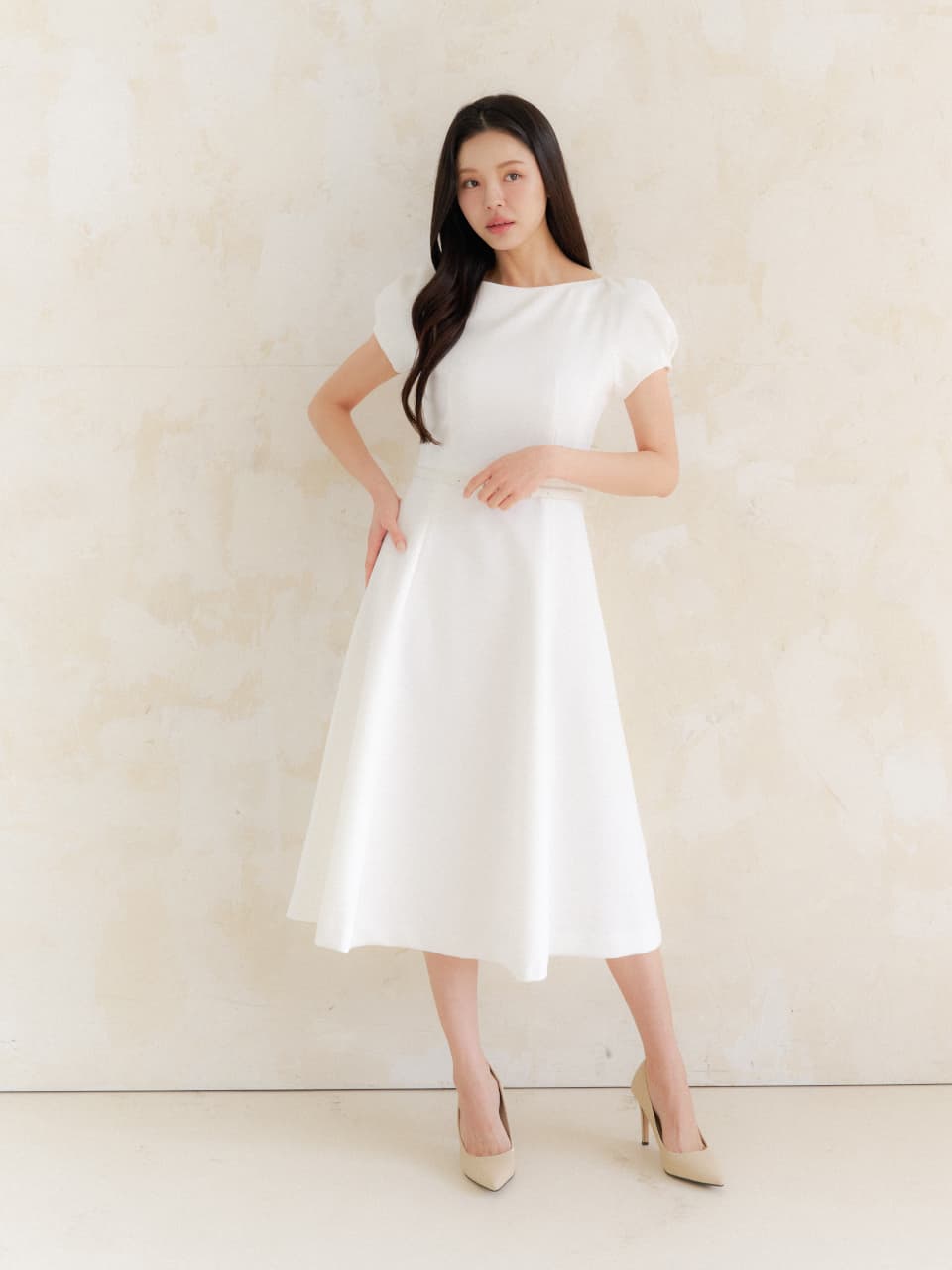 Cap-sleeve Flare Dress / Ivory(3color)