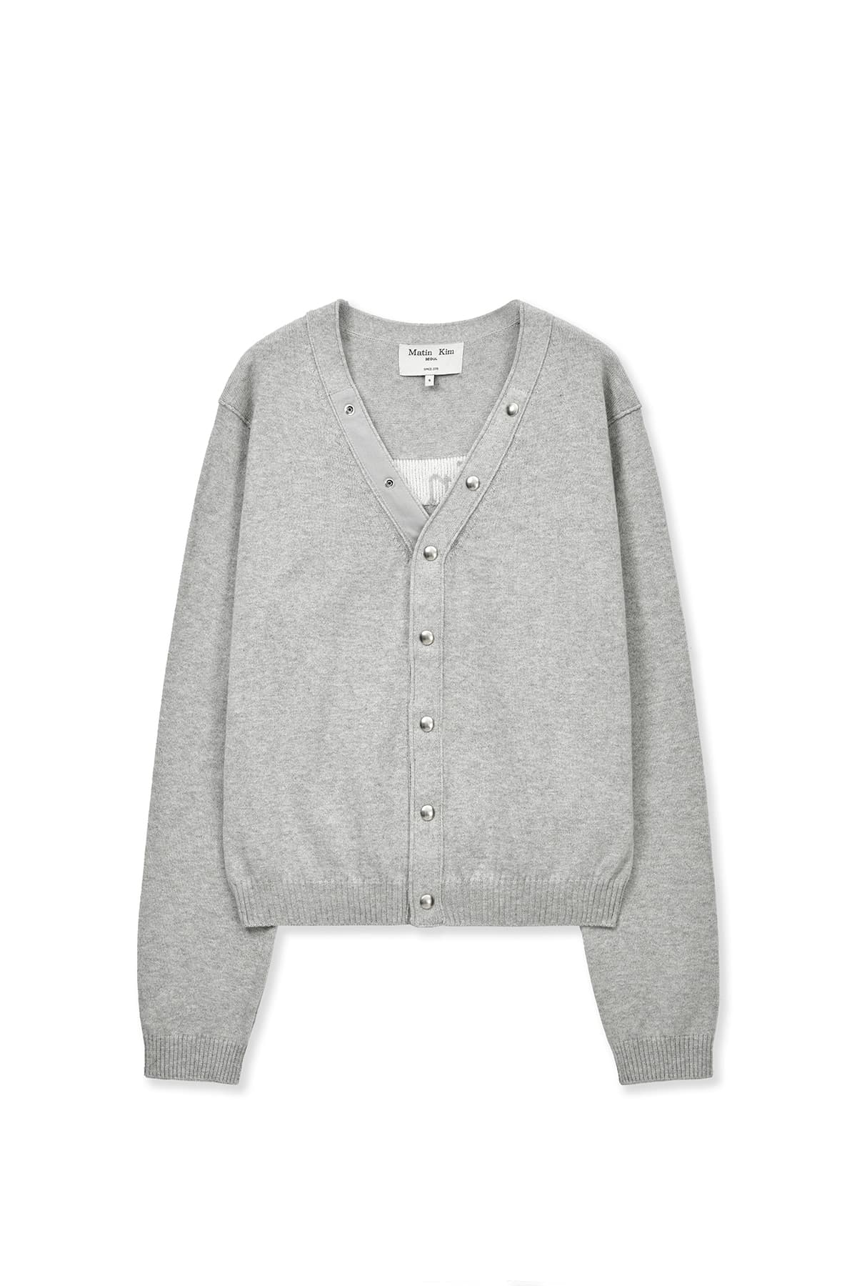 BACK LOGO SNAP BUTTON CARDIGAN IN GREY
