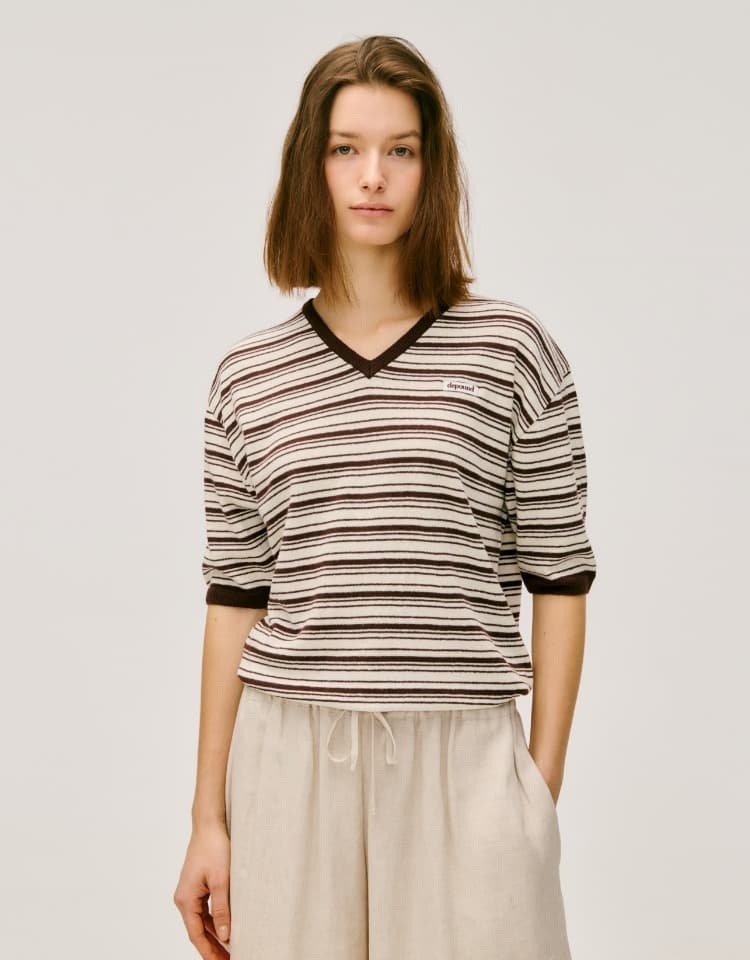 linen cotton stripe pullover - brown