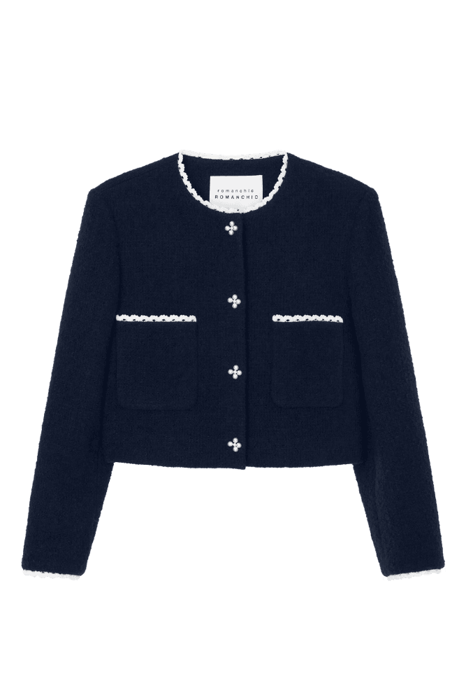 Pearl Petal Tweed Wool Jacket (Navy)