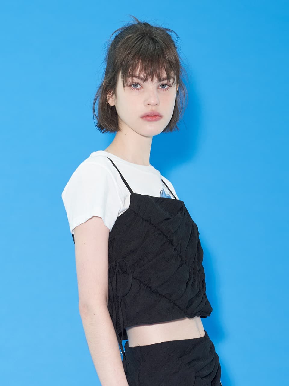 RIBBON SHIRRING TOP (BLACK)