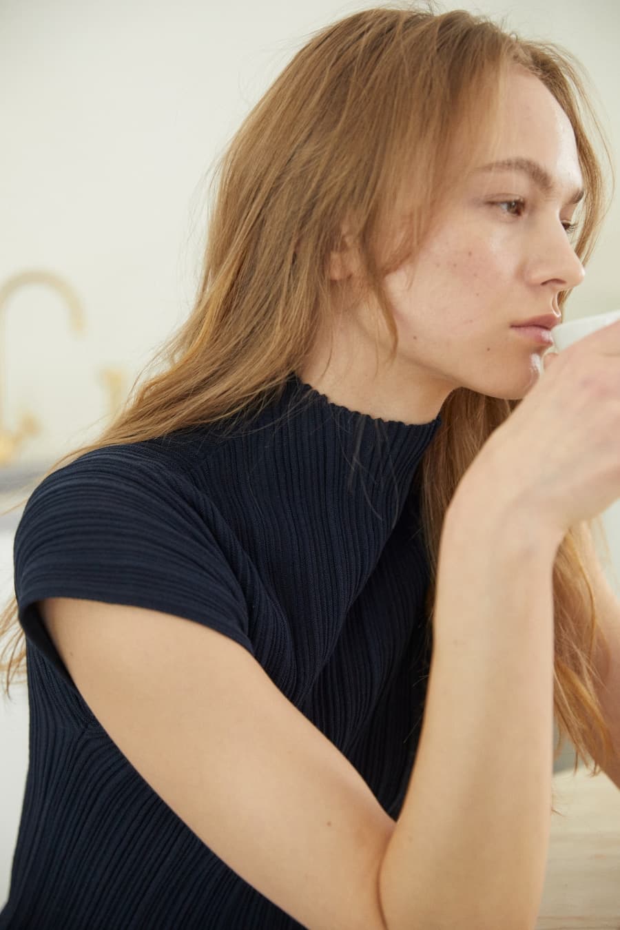 PLEATS MOCKNECK SHORT SLEEVE TOP [NAVY]