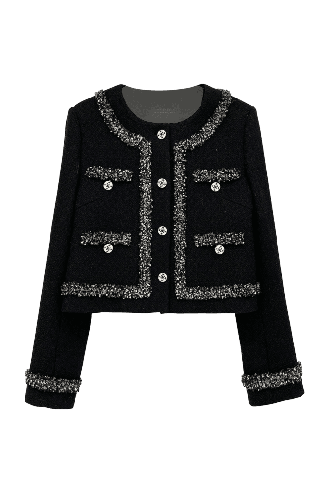 Classic Contrast Trim Tweed Jacket (Black)