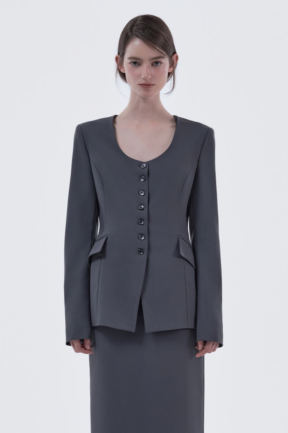 Emma Round Neck Jacket - Blue Grey