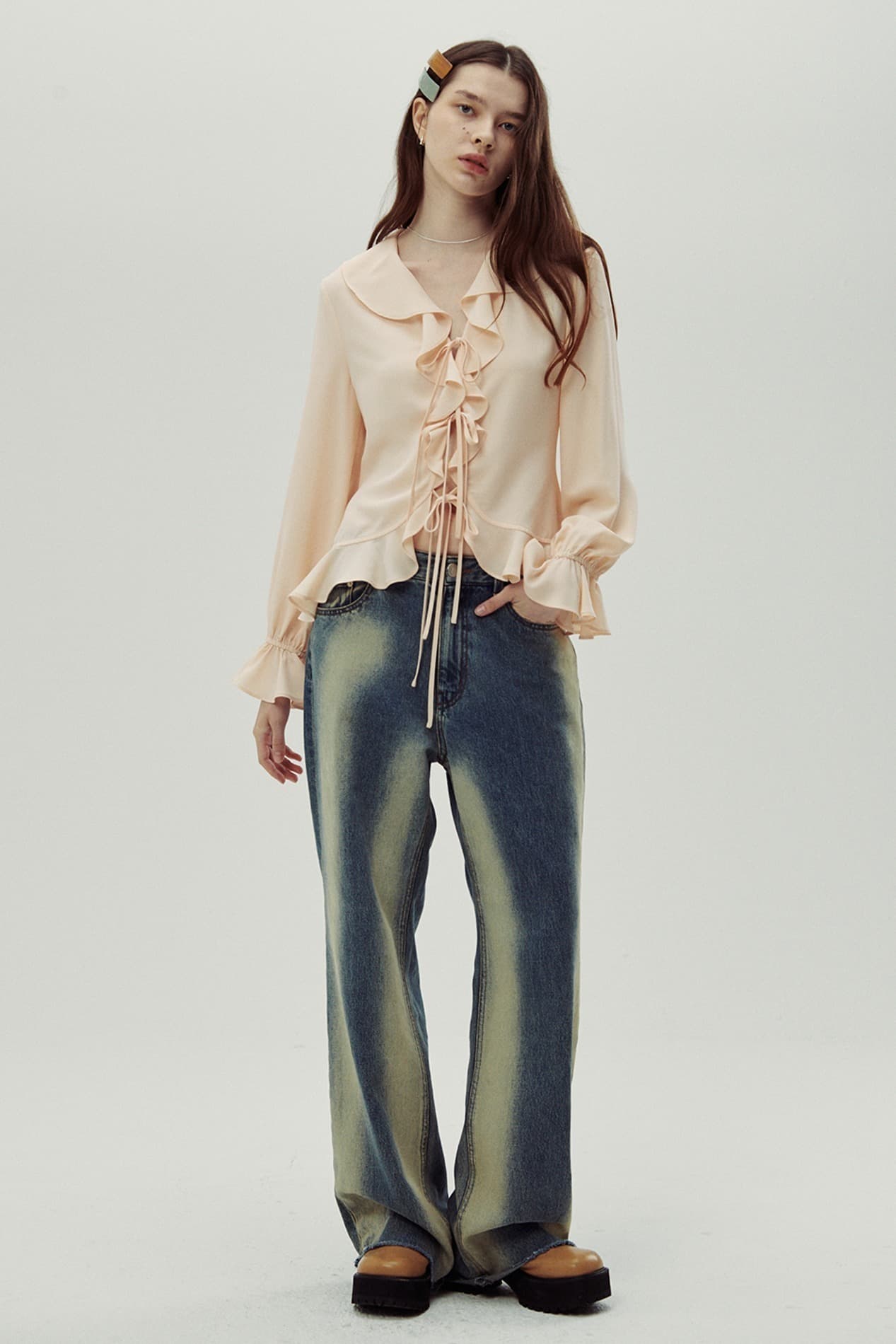 Vertical Line Washed Jeans (Ash Blue)