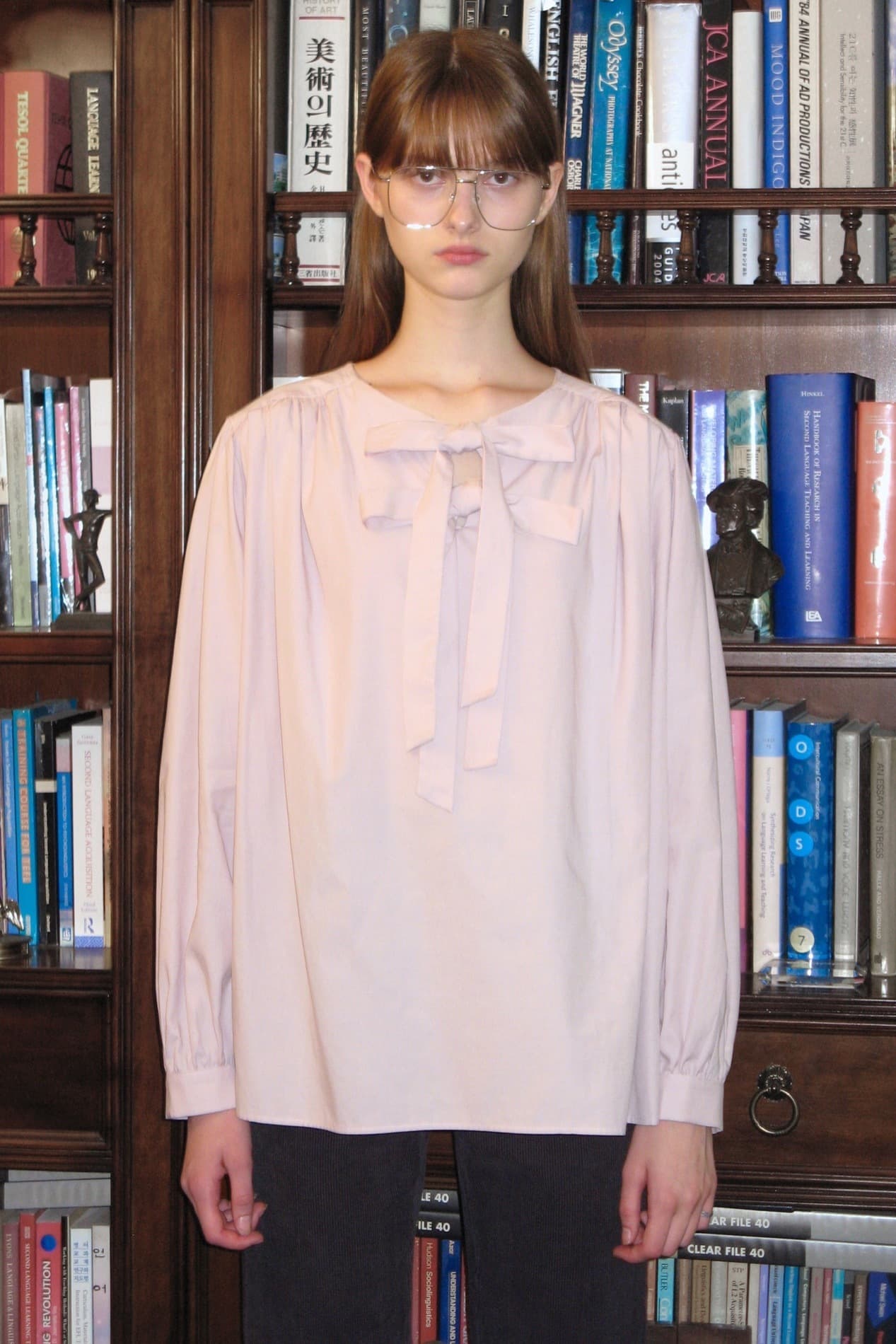 Ribbon Shirring Blouse (Light Pink)