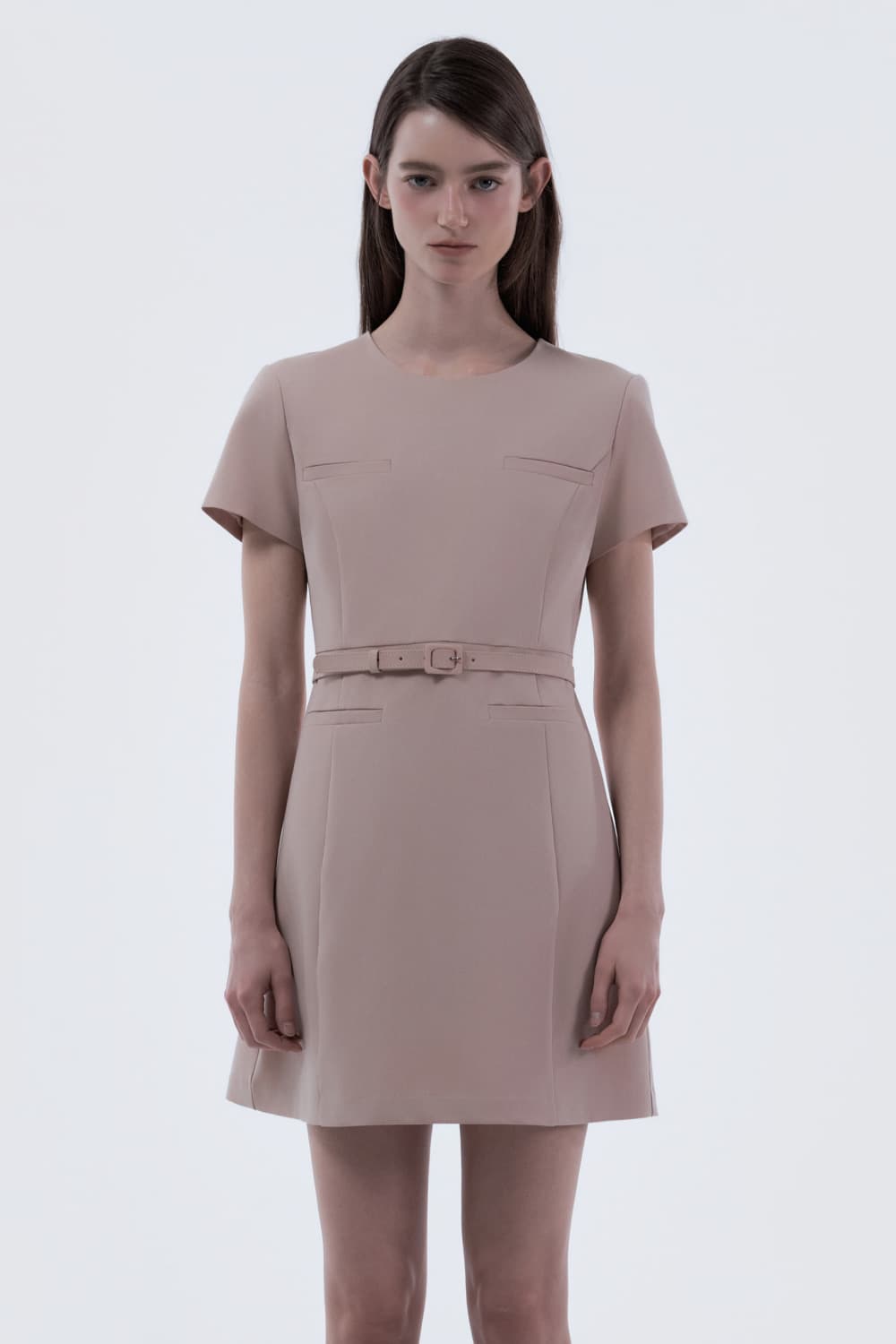 Belted Round Neck Suit Dress - Pink