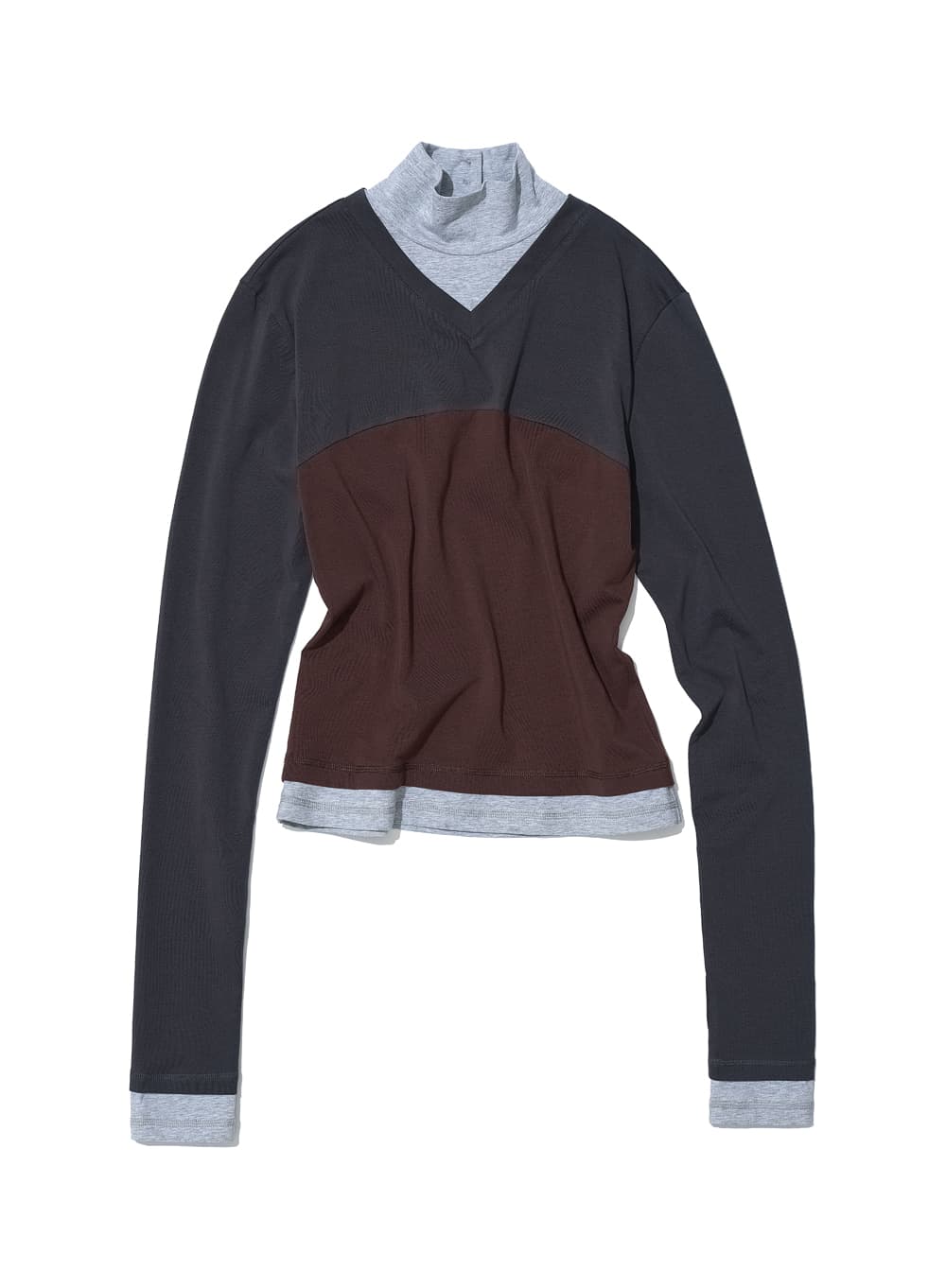 COLORBLOCK V-NECK LAYERED HIGH NECK TEE_MELANGE