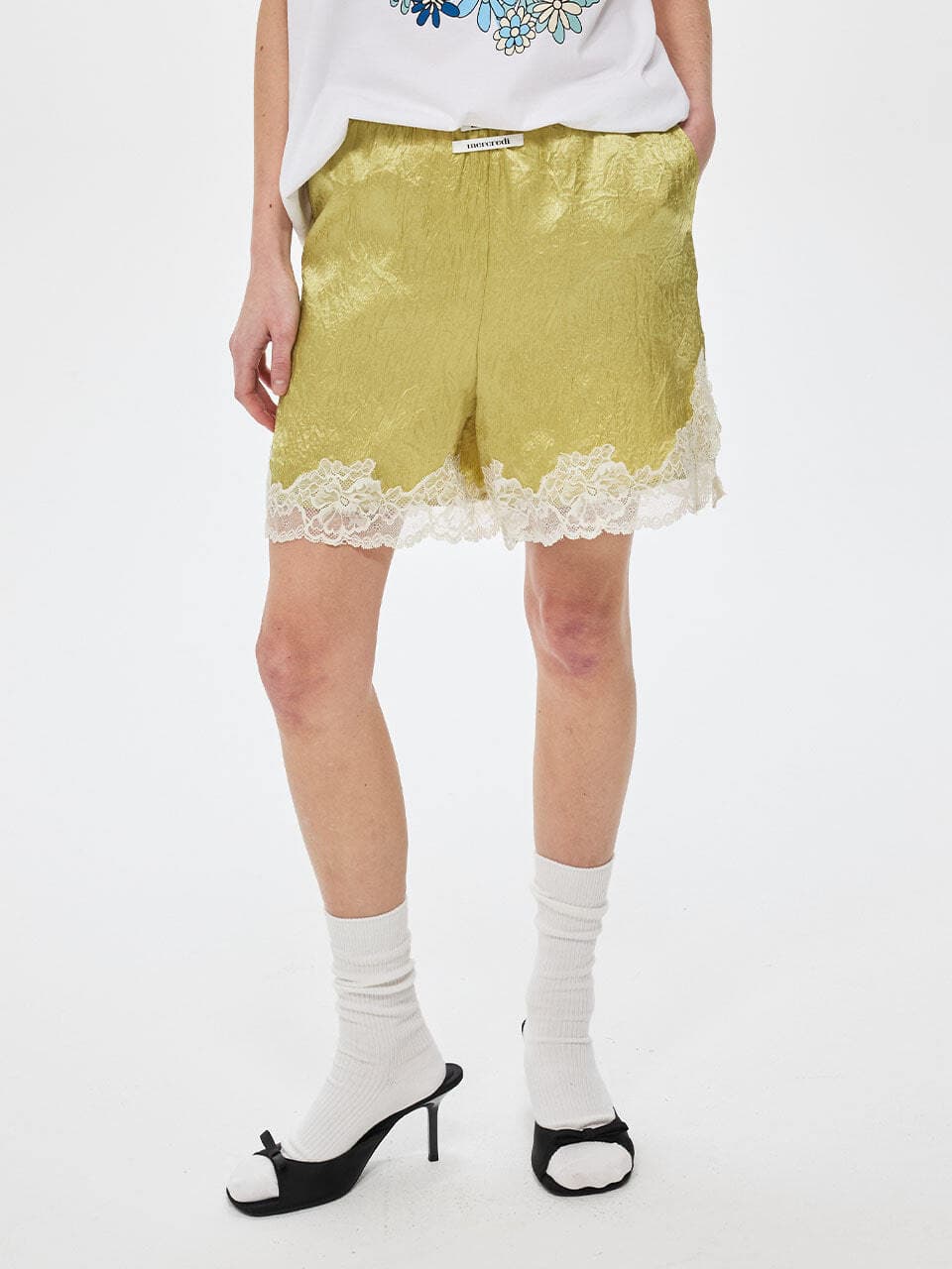 SATIN SHORTS DOUBLE LABEL LACE_OLIVE