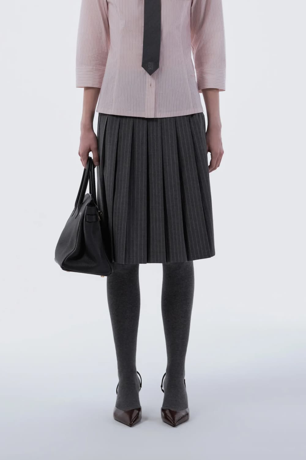 Jenn Pleated Midi Skirt - Grey Stripe
