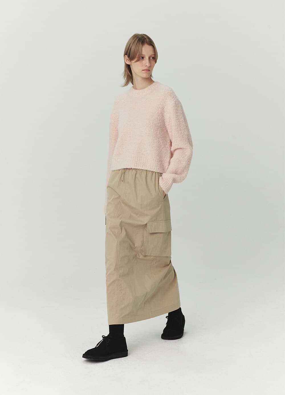 Washed Cargo String Long Skirt - Beige