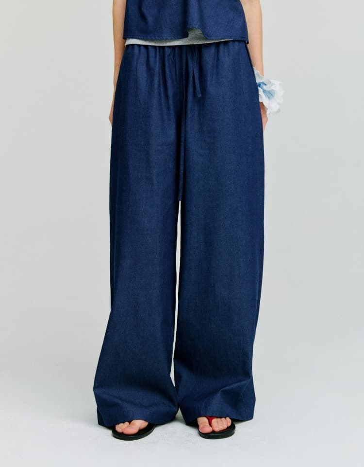 denim pocket banding pants - navy
