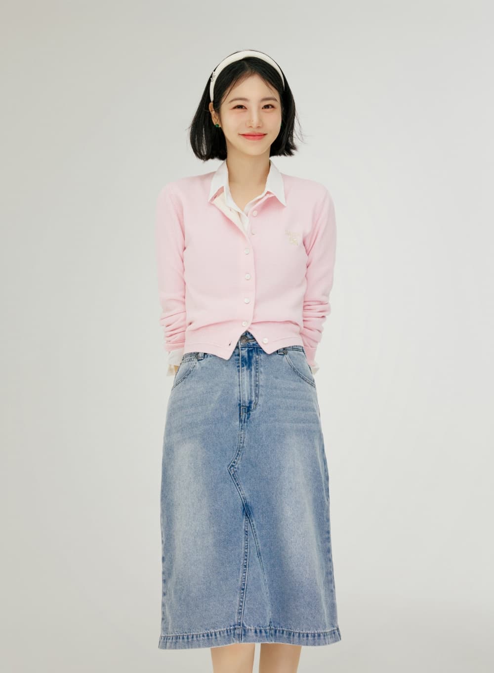 (W) Washed Denim Midi Skirt - Blue