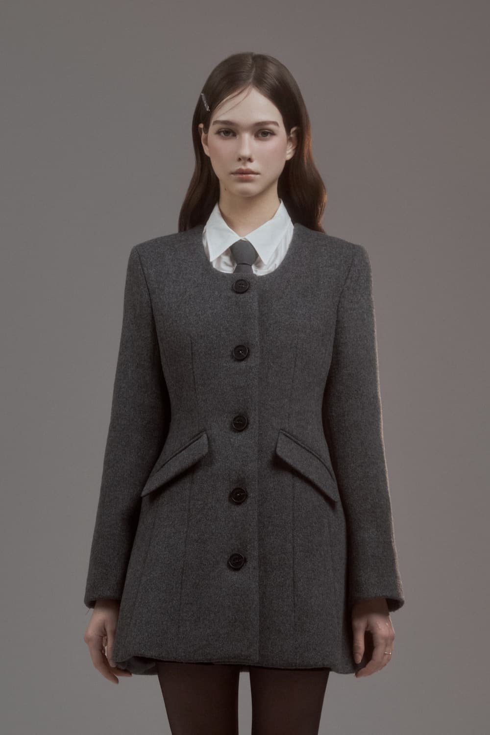 Emma String Round Neck Coat - Grey