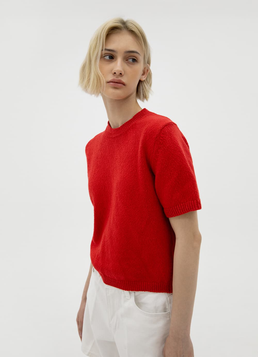 Half-Sleeve Boucle Knit Top - Tomato