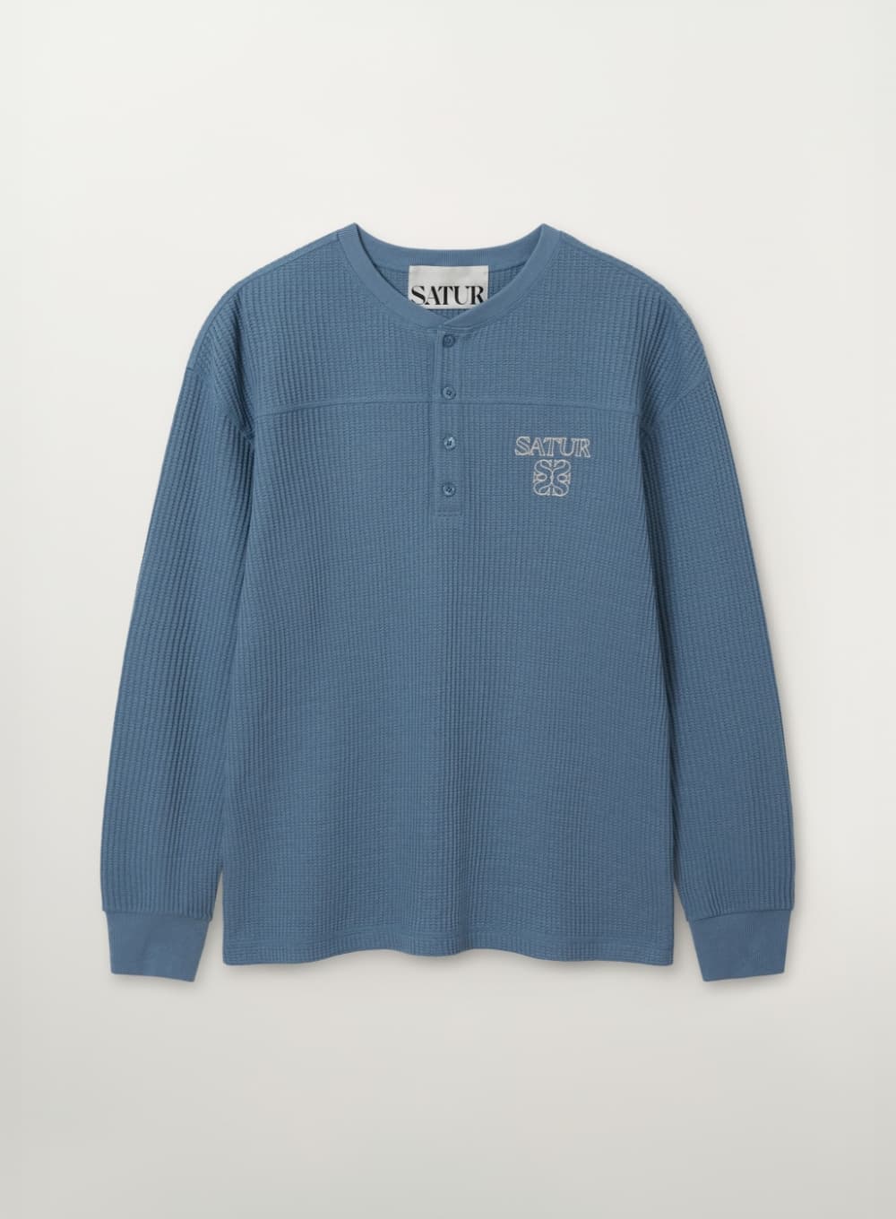 Stitch Waffle Henley Neck Long Sleeve - Blue