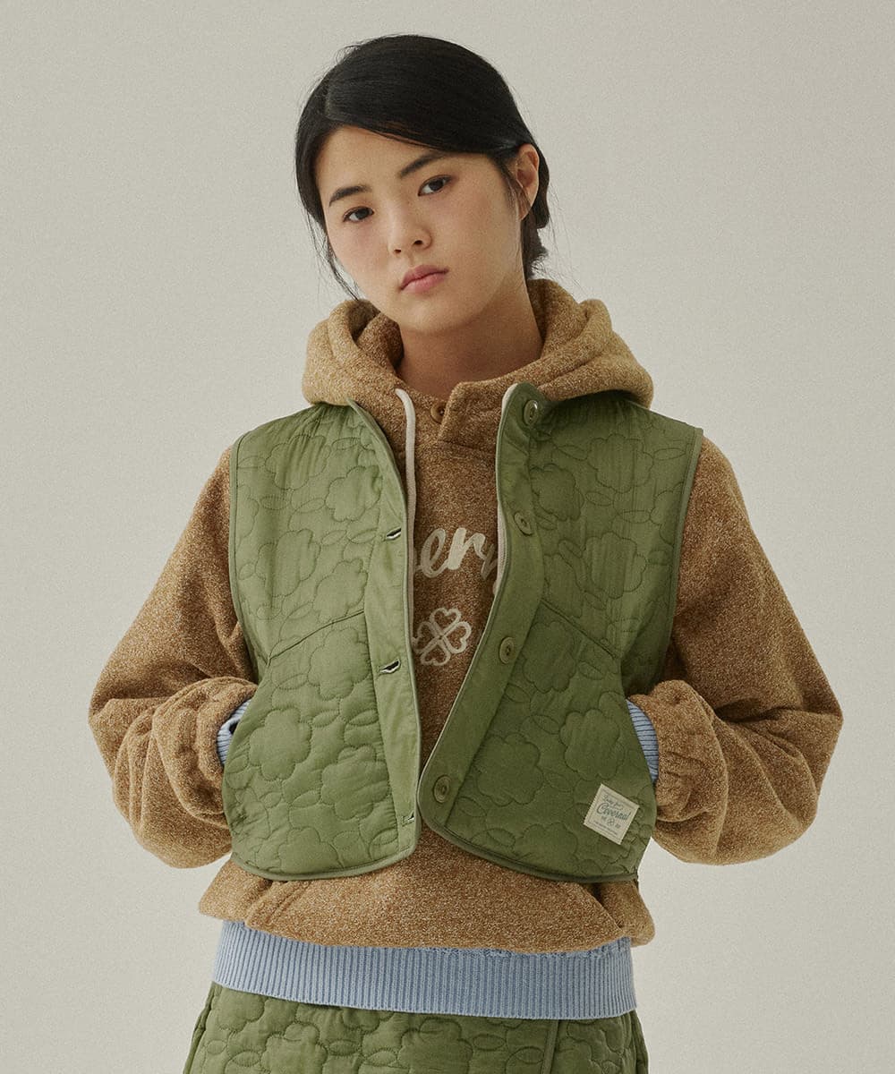 우먼 클로버하트 퀼팅 리버시블 숏 베스트 Olive