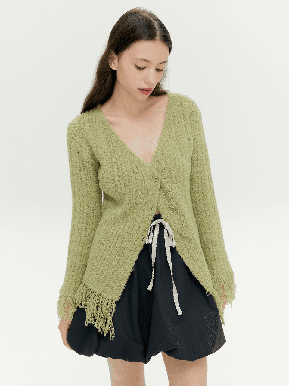 FRINGE KNIT CARDIGAN (OLIVE)