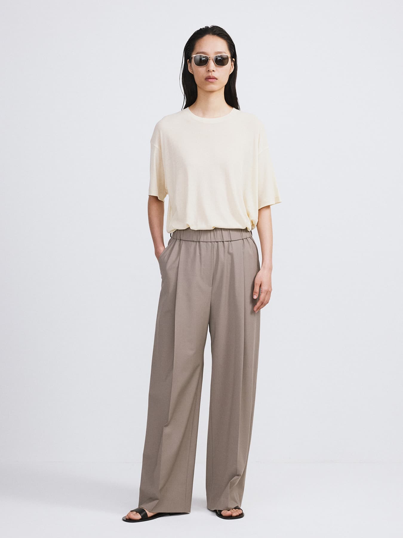 BANDING WAIST WIDE PANTS (TAUPE GREY)