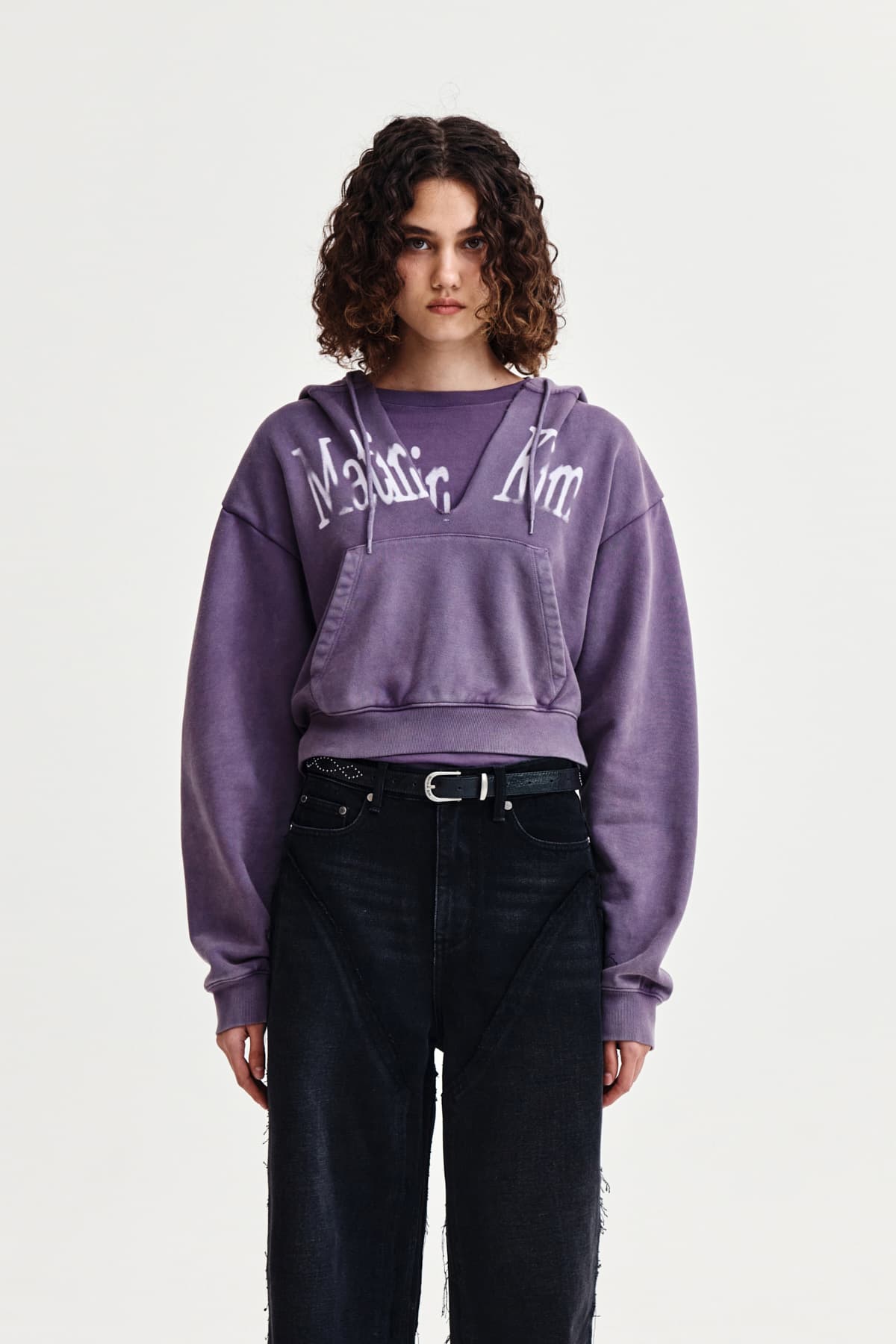 WASHED LAYERED CROP HOODY IN PURPLE