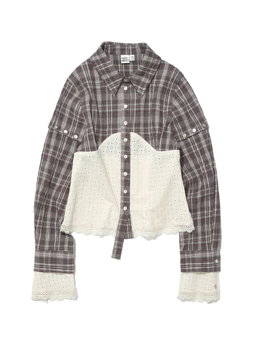 CHECK LACE EMBROIDERY COMBI SHIRT_BROWN