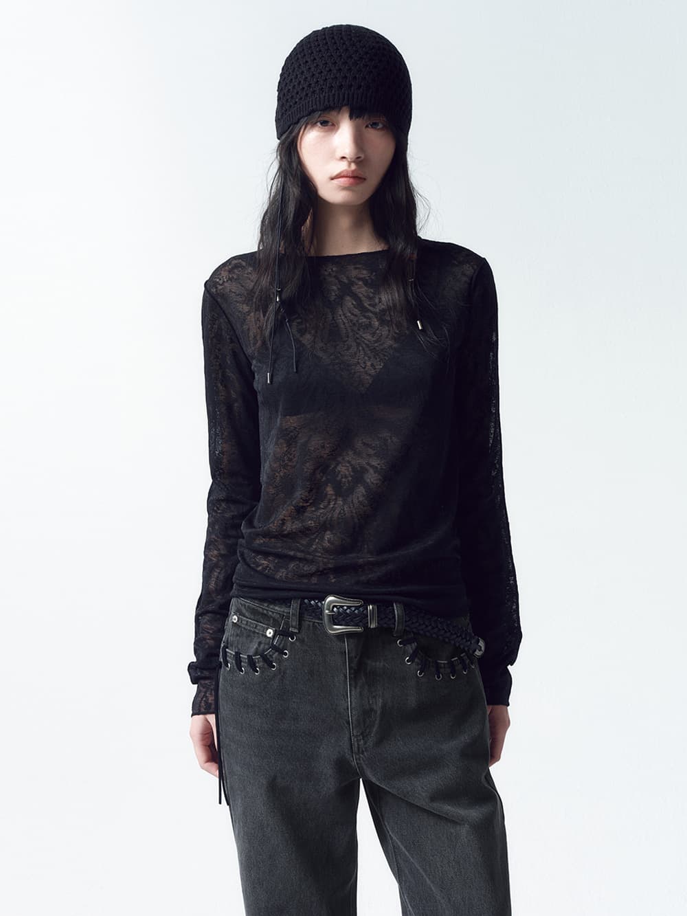 패턴 시어 롱슬리브 BLACK