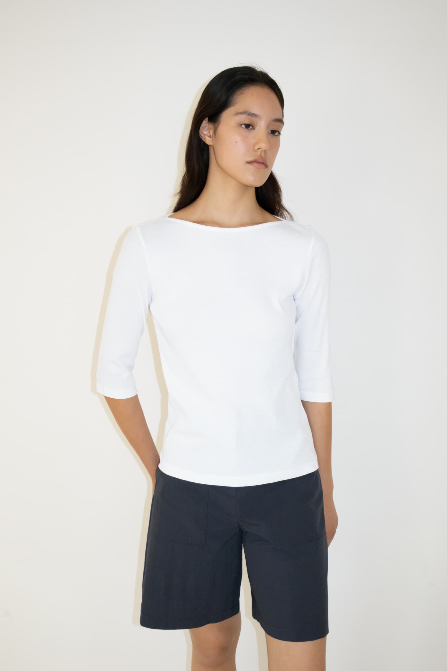 Ribbed Boat Neck Half Sleeve Top (White)