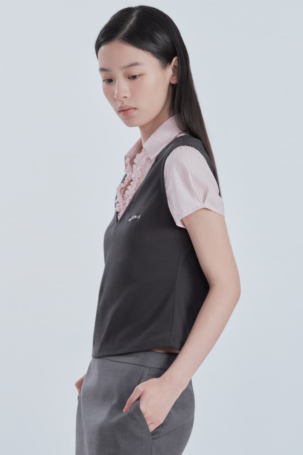 Emma Layered Ruffle Blouse Top - Charcoal