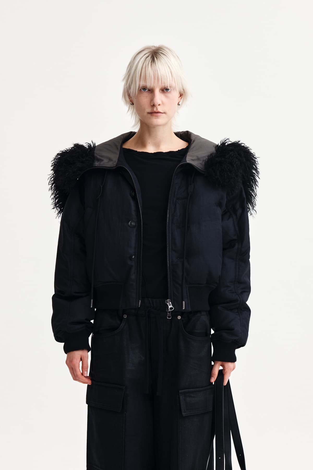 FUR HOODY BOMBER DOWN JUMPER IN BLACK