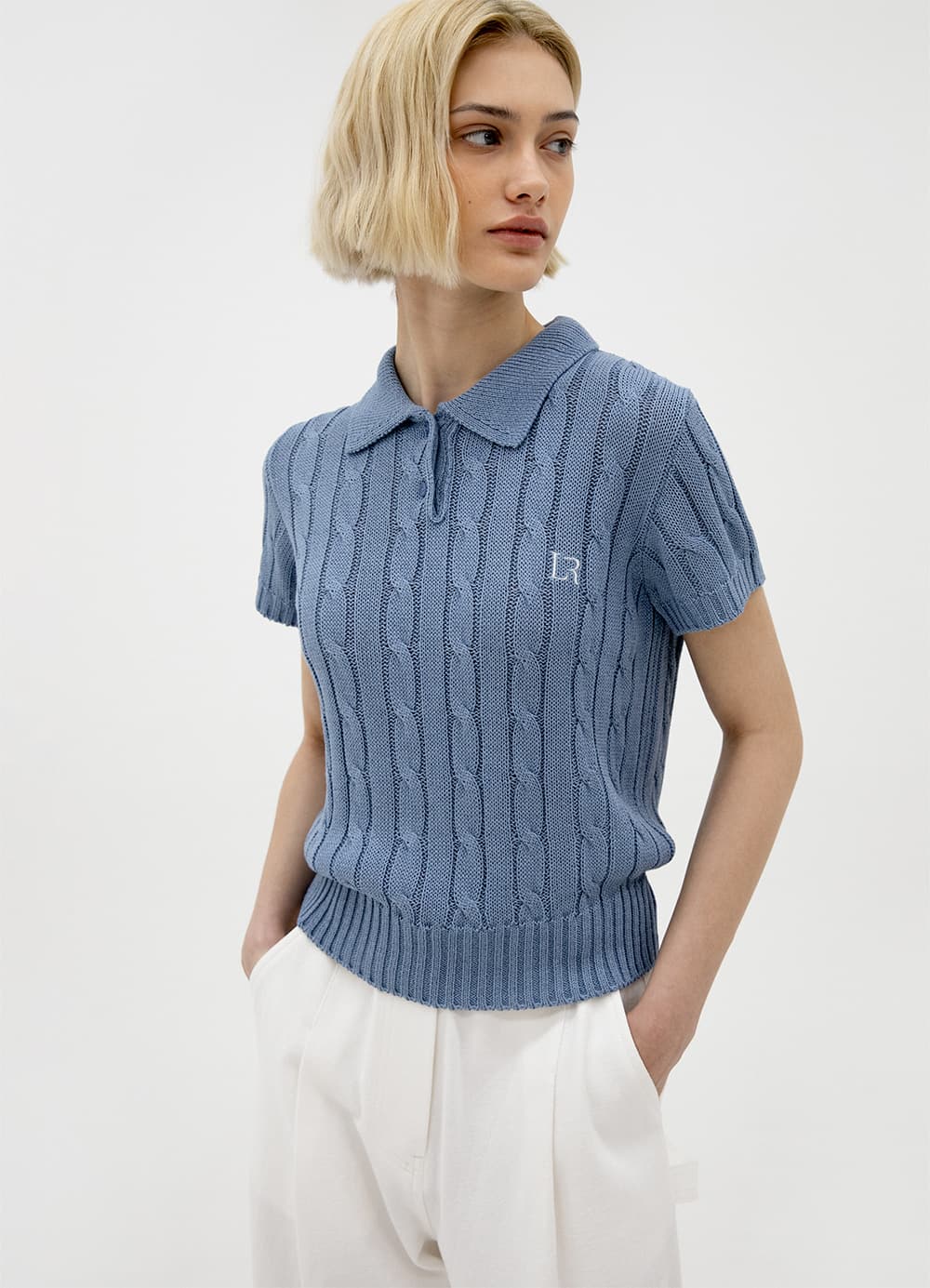 Linen Collar Cable Knit - Sky Blue