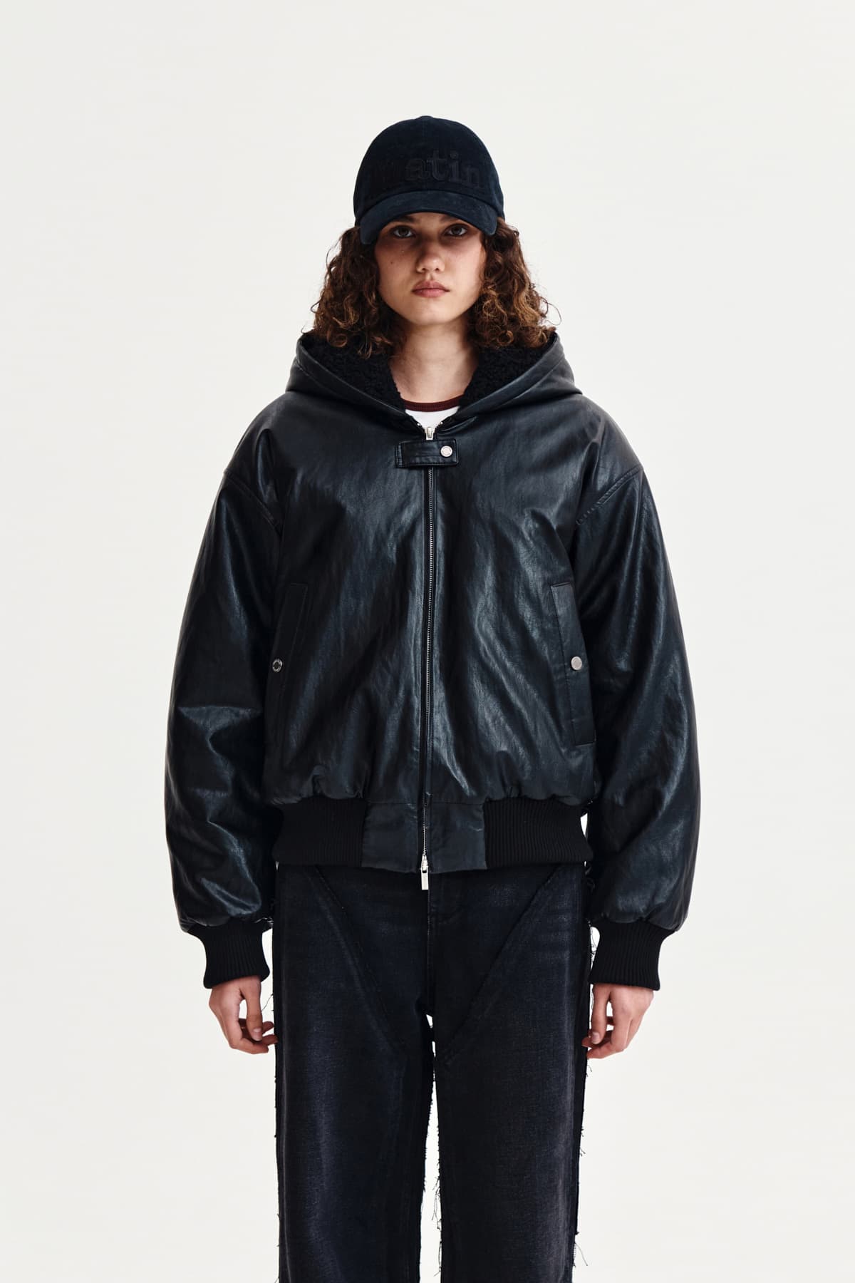 FAUX LEATHER ZIP UP HOODY IN BLACK