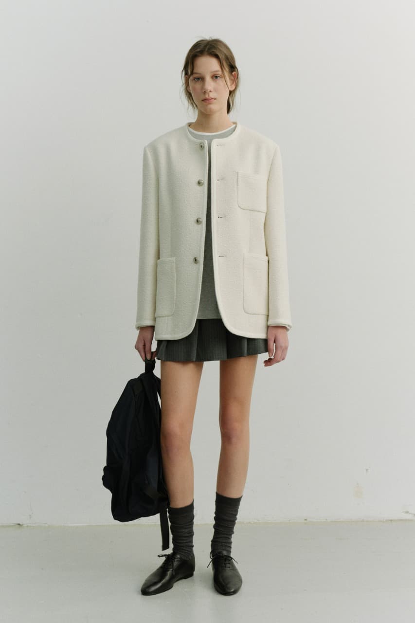 UNISEX COLLARLESS TWEED JACKET CREAM_UDJA6A109CR