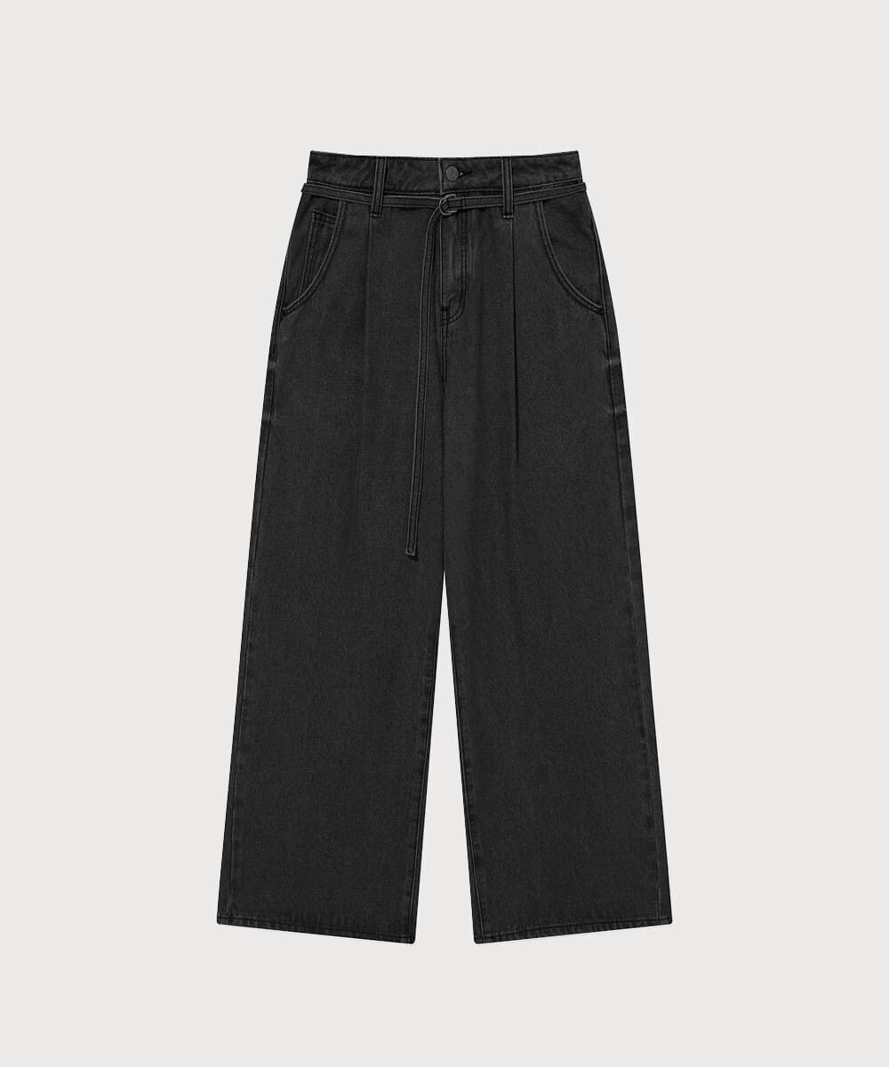 우먼 벨티드 와이드 데님 팬츠 Dark Gray