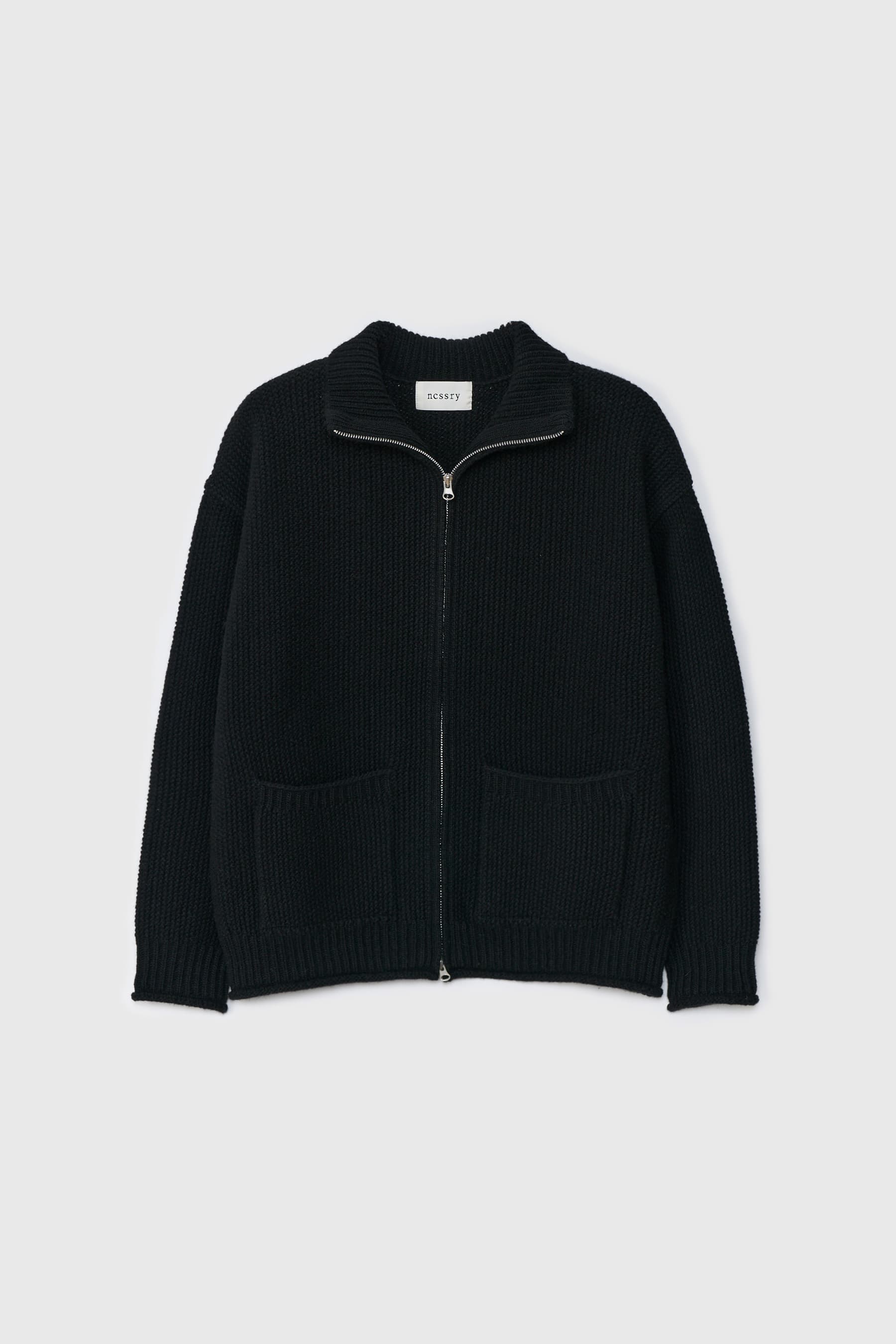 Shetland Wool Zip-Up Cardigan (Black)