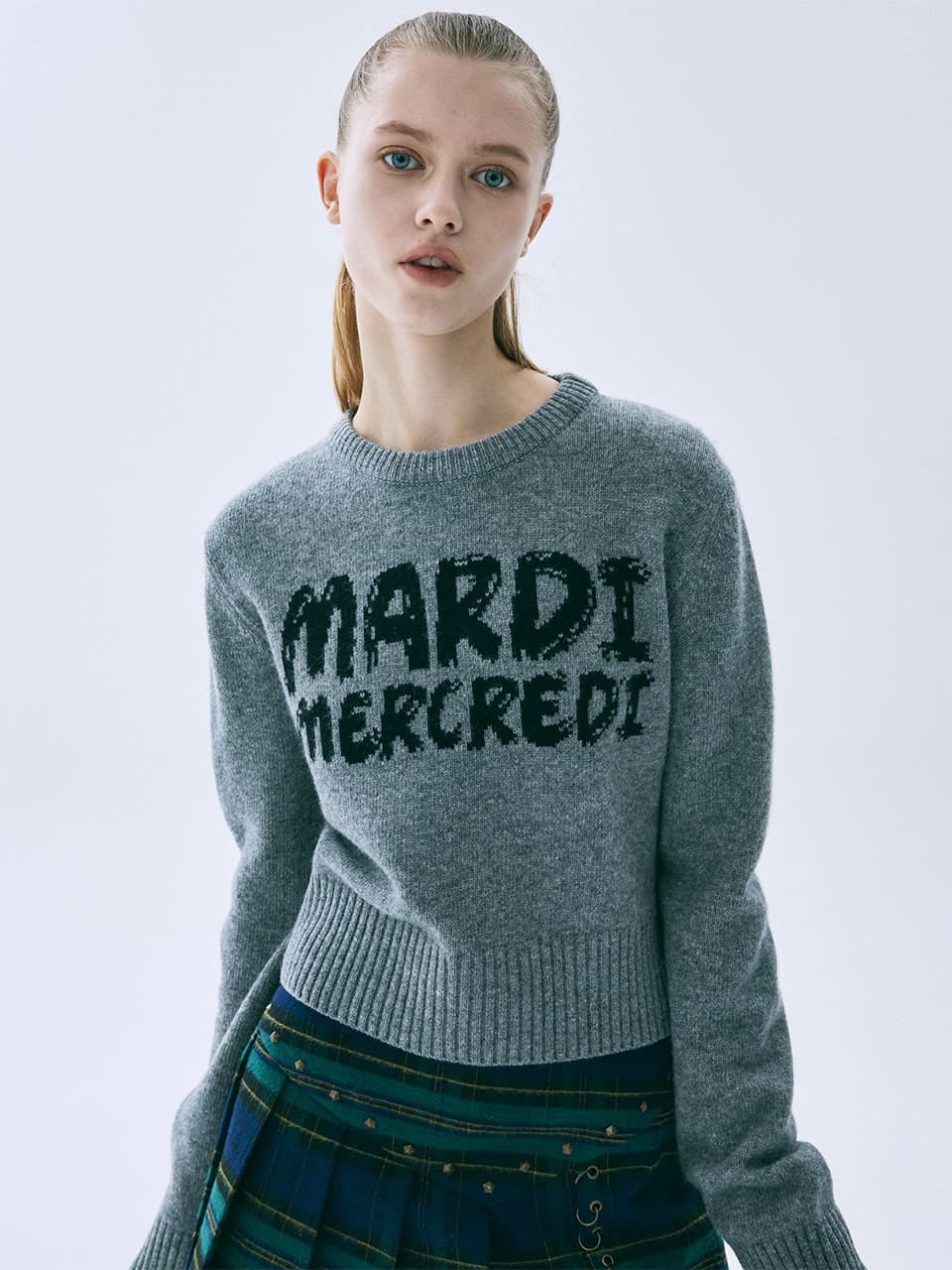 CASHMERE CROPPED ROUND NECK BRUSH LOGO CONTRAST_GREY BLACK