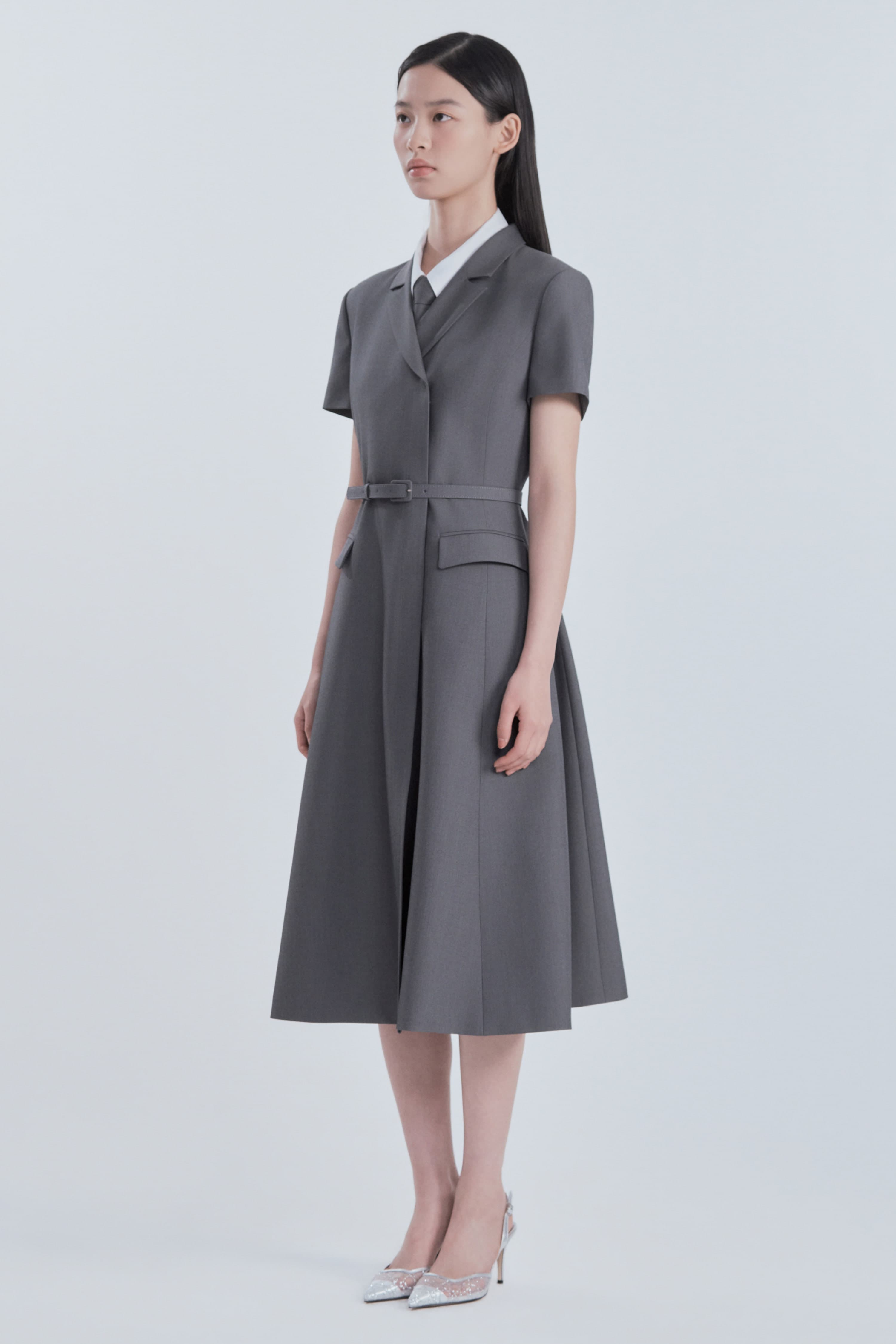 Jenn Long Belted Half-Sleeve Dress - Grey