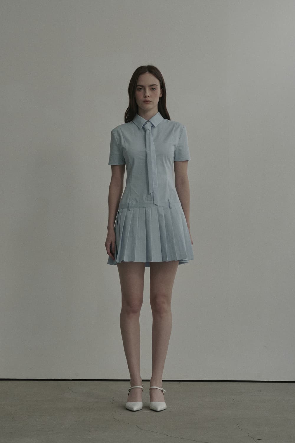 Tie Pleated Shirt Dress - Sky Blue