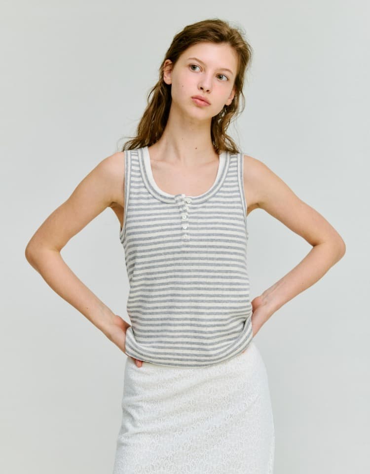 stripe henley sleeveless top - grey