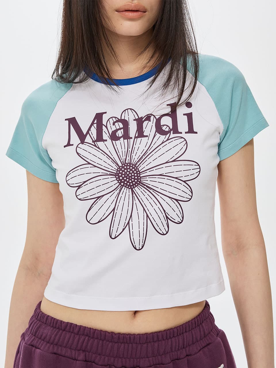 CROPPED TSHIRT RAGLAN FLOWERMARDI_WHITE PLUM